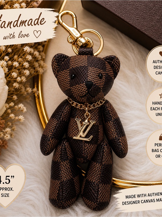 Handmade Accessories - Handmade Designer Canvas Teddy Bear Keychain Brown Check Bag Charm Luxe Style